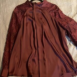 Worthington Red Pleated Embellished Long Sleeve Blouse